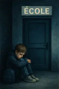 image d'un enfant recroqueviller tête basse devant l'école