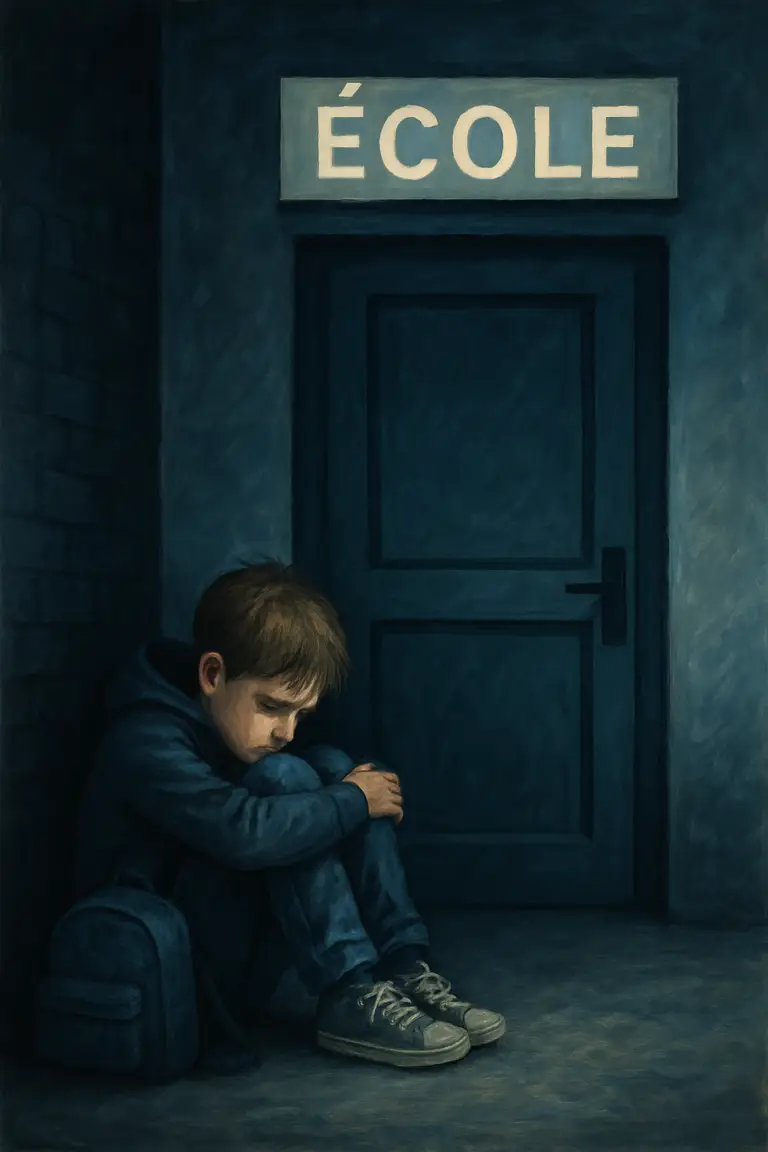 image d'un enfant recroqueviller tête basse devant l'école