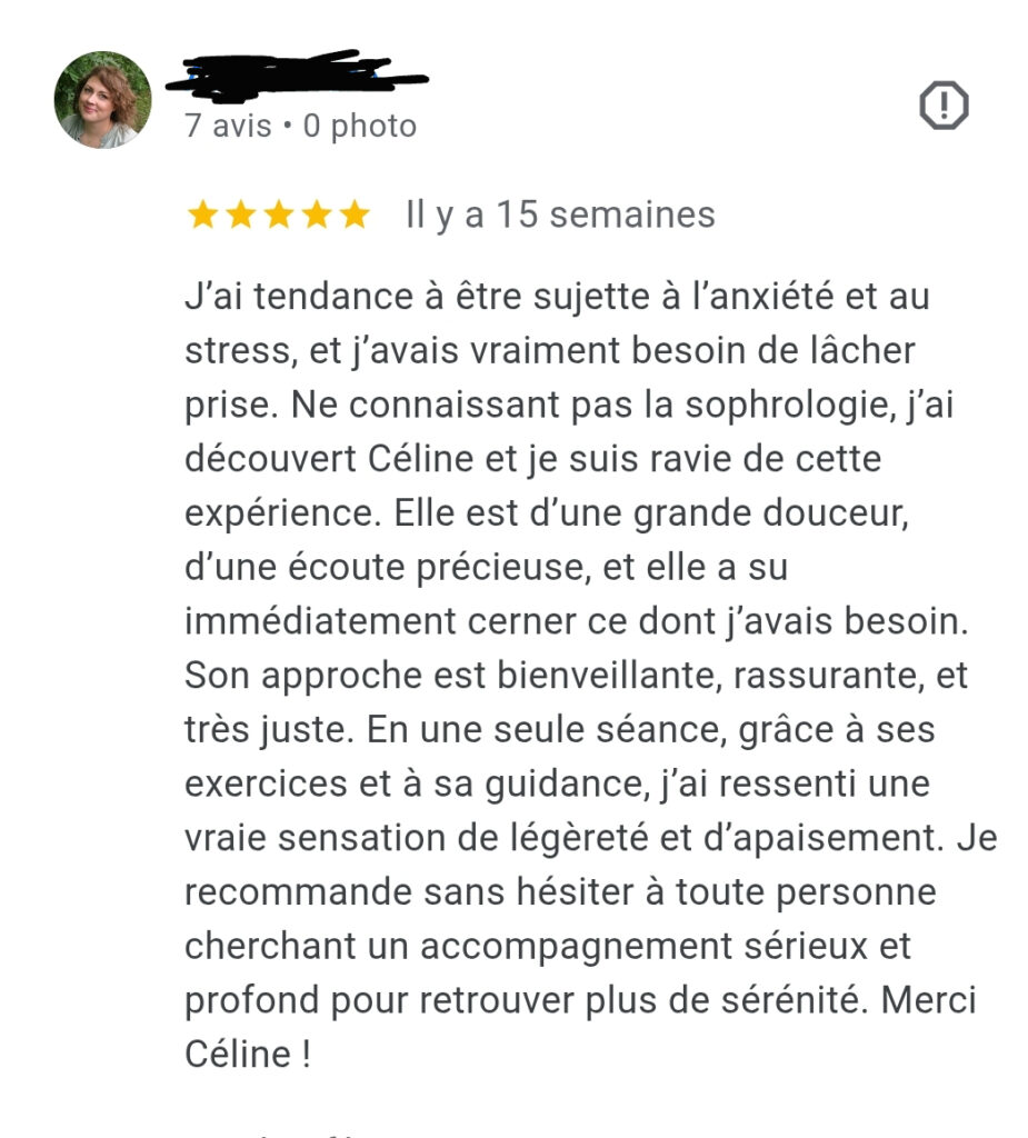 Avis client soulignant un accompagnement en sophrologie à Lyon pour apaiser le stress et l’anxiété